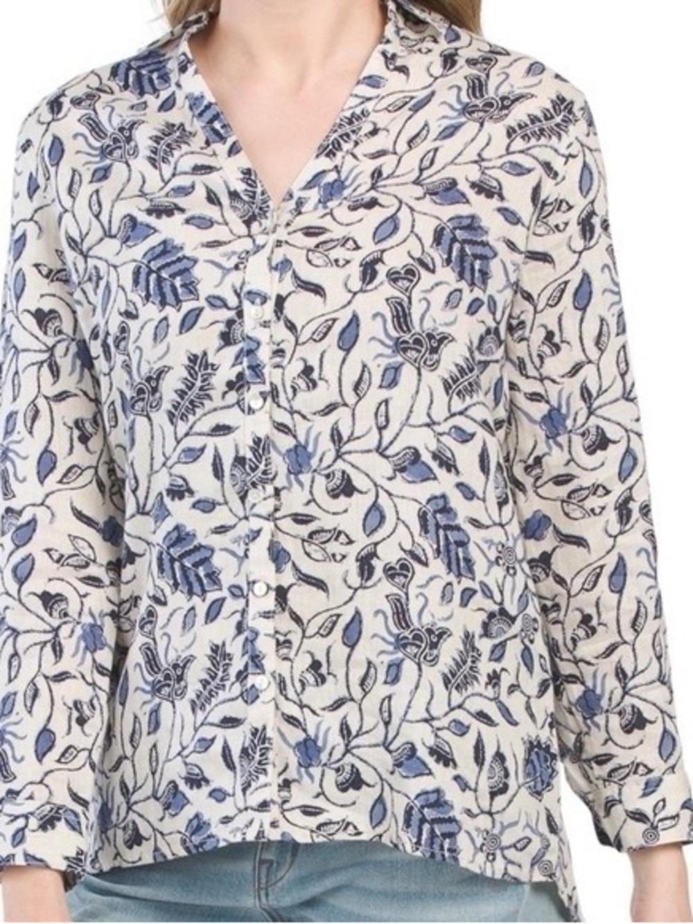 Rachel Zoe Cream Linen Blouse with Blue Floral Print 100% Linen